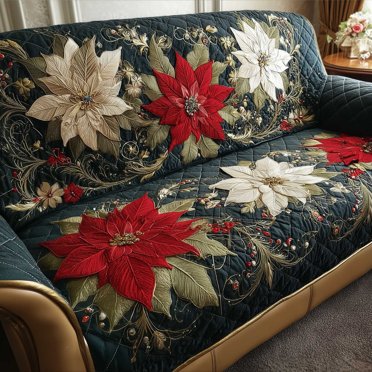 Holiday Glow Poinsettia Elegance Quilted Sofa Cover