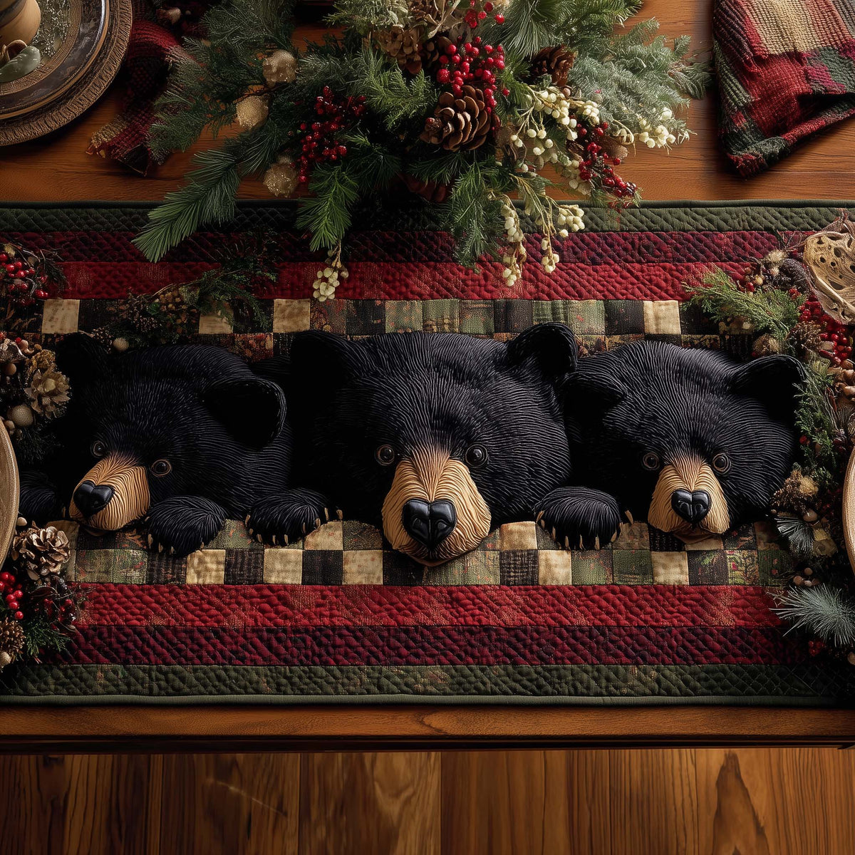 Majestic Wild Grizzly Lodge Quilted Table Runner