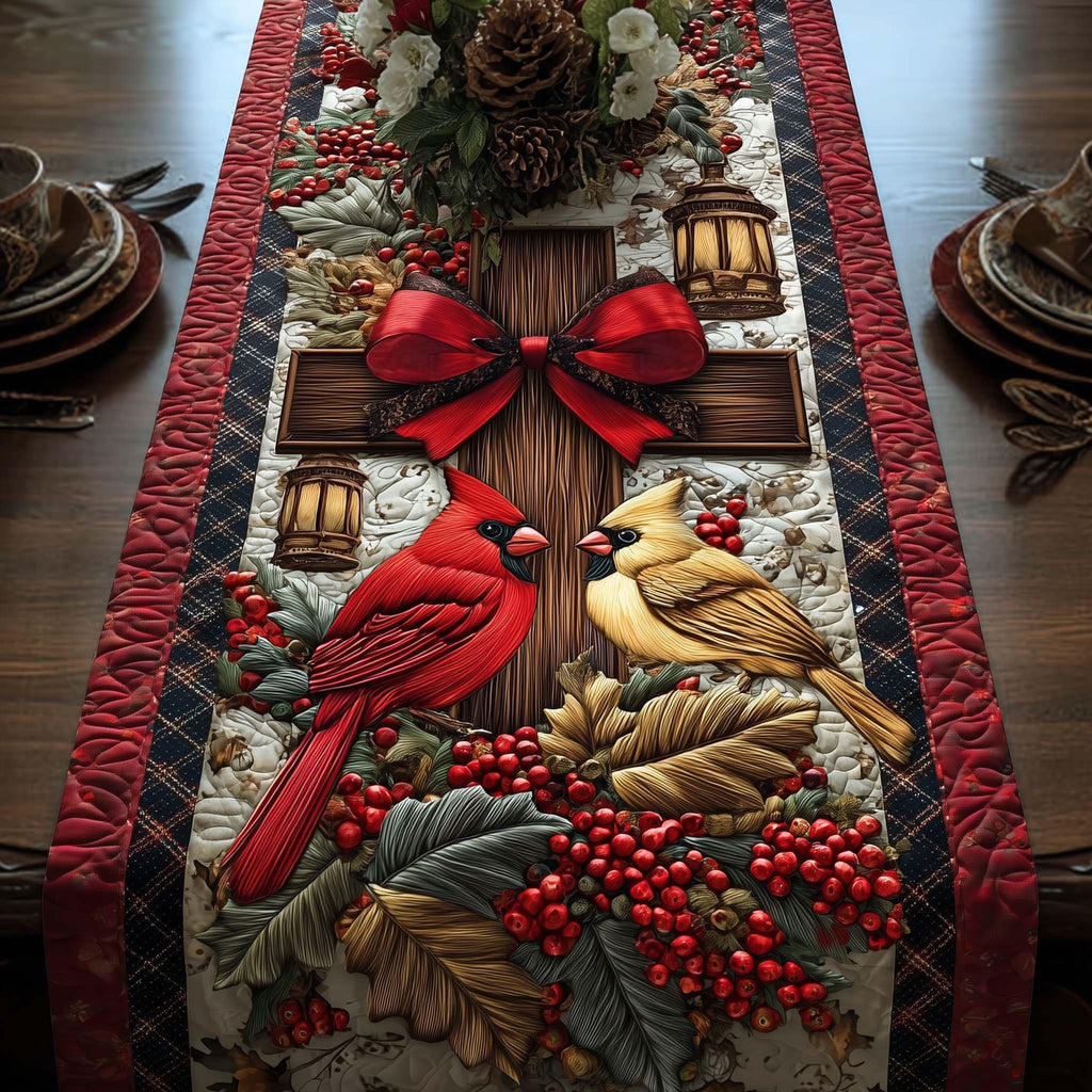 Snowy Cardinal Pine Branch Quilted Table Runner