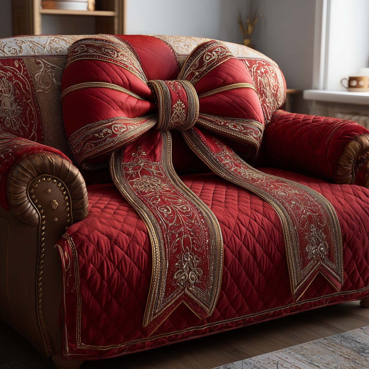 Crimson Sash Swirl Quilted Sofa Cover