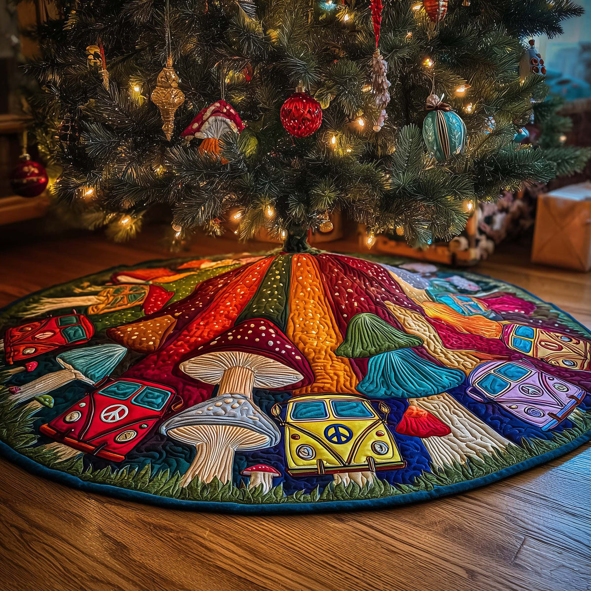 Magic Forest Spore Mushrooms Quilted Tree Skirt