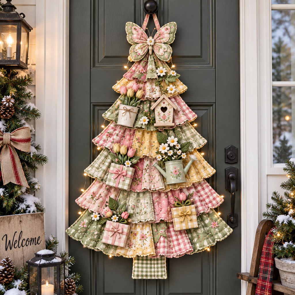 Pastel Garden Christmas Tree Custom Shape Quilted Door Hanger