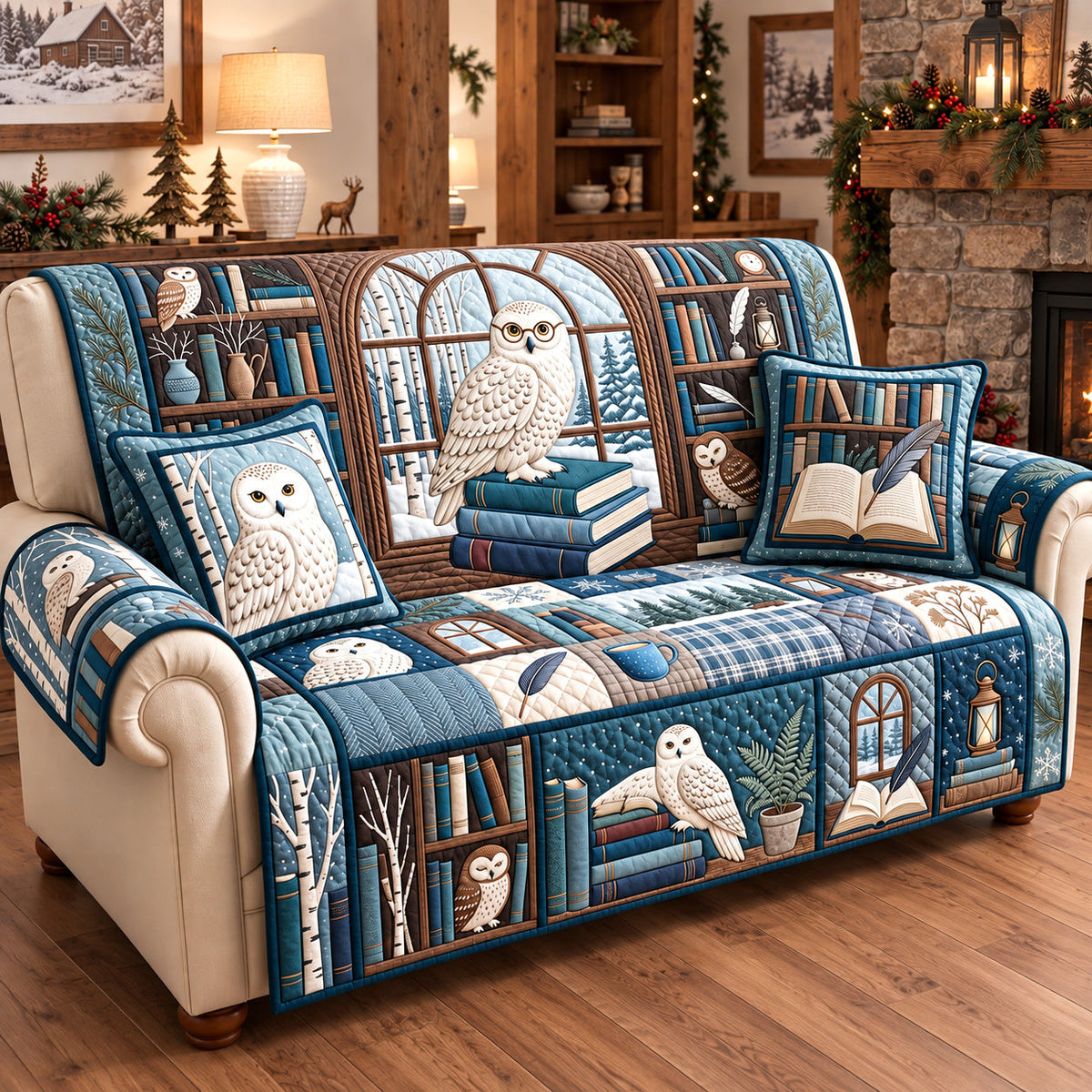 Scholar Owl Library Quilted Sofa Cover