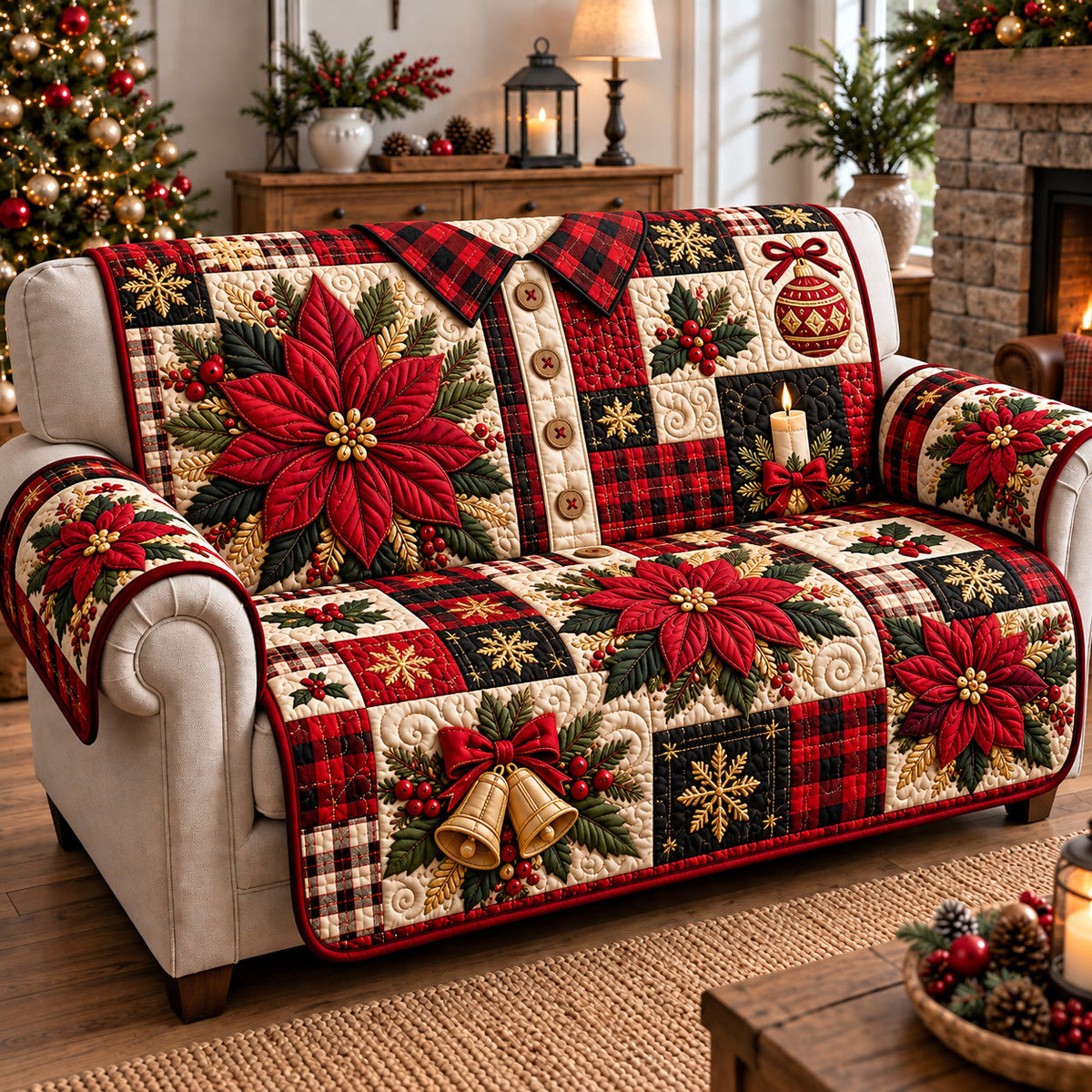 Poinsettia Plaid Shirt Quilted Sofa Cover