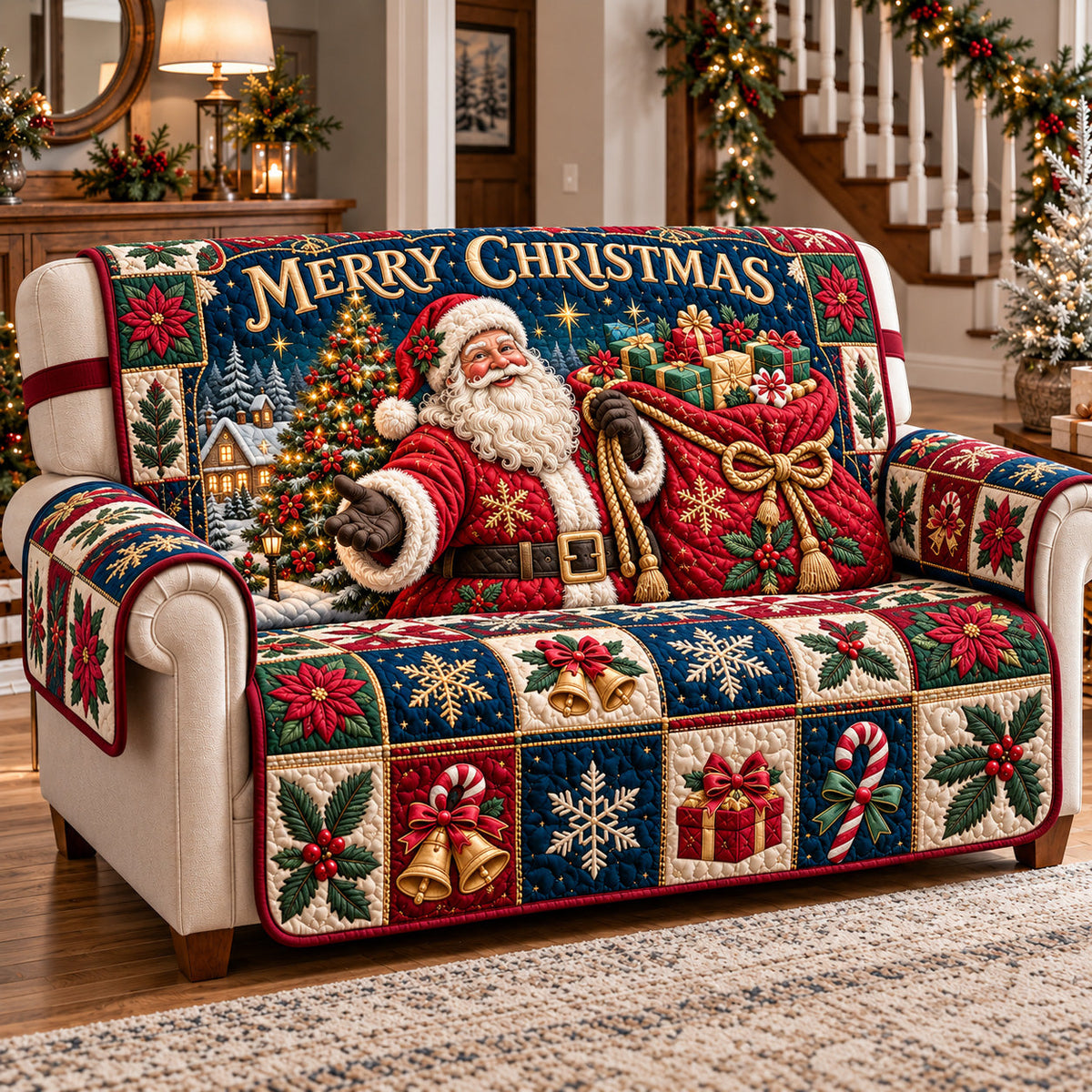 Happy Yuletide Father Christmas Quilted Sofa Cover
