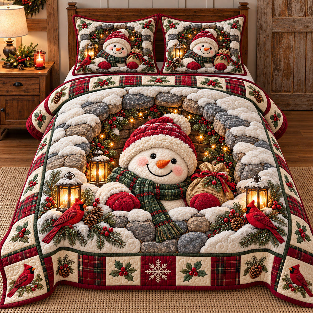 Red Cardinal Perch Snowman Quilted Bedding Set