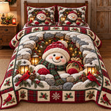 Red Cardinal Perch Snowman Quilted Bedding Set