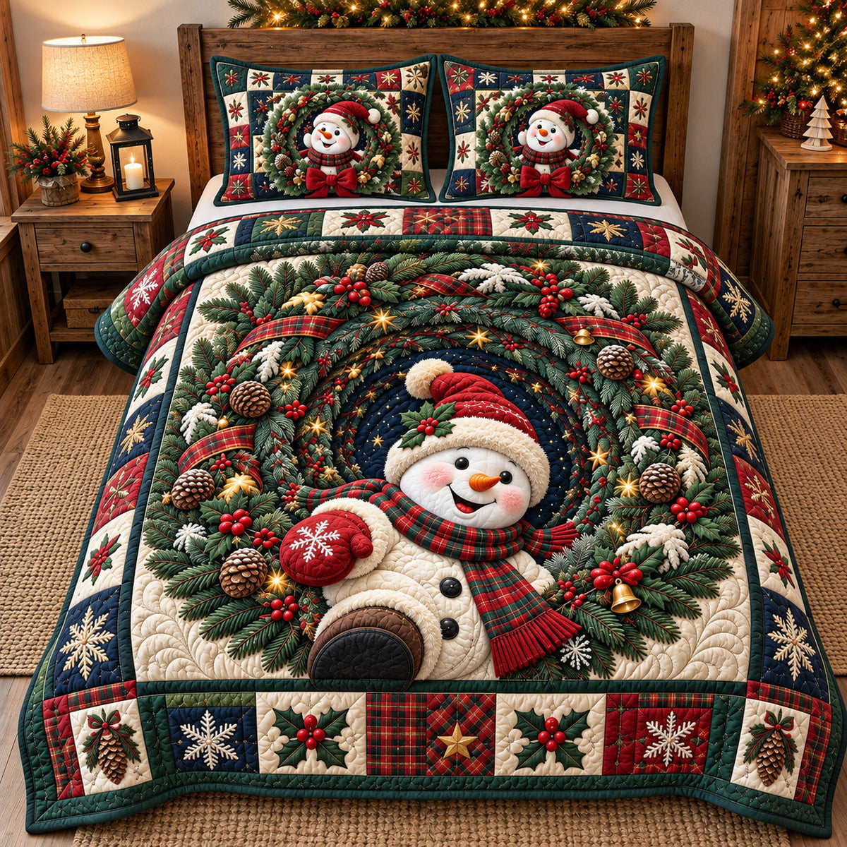 Wreath Framed Winter Snowman Quilted Bedding Set