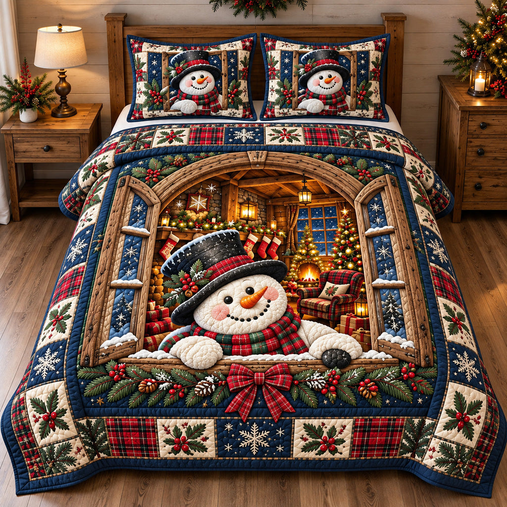 Winter Cottage Window Snowman Quilted Bedding Set