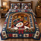 Winter Cottage Window Snowman Quilted Bedding Set
