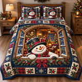 Winter Cottage Window Snowman Quilted Bedding Set