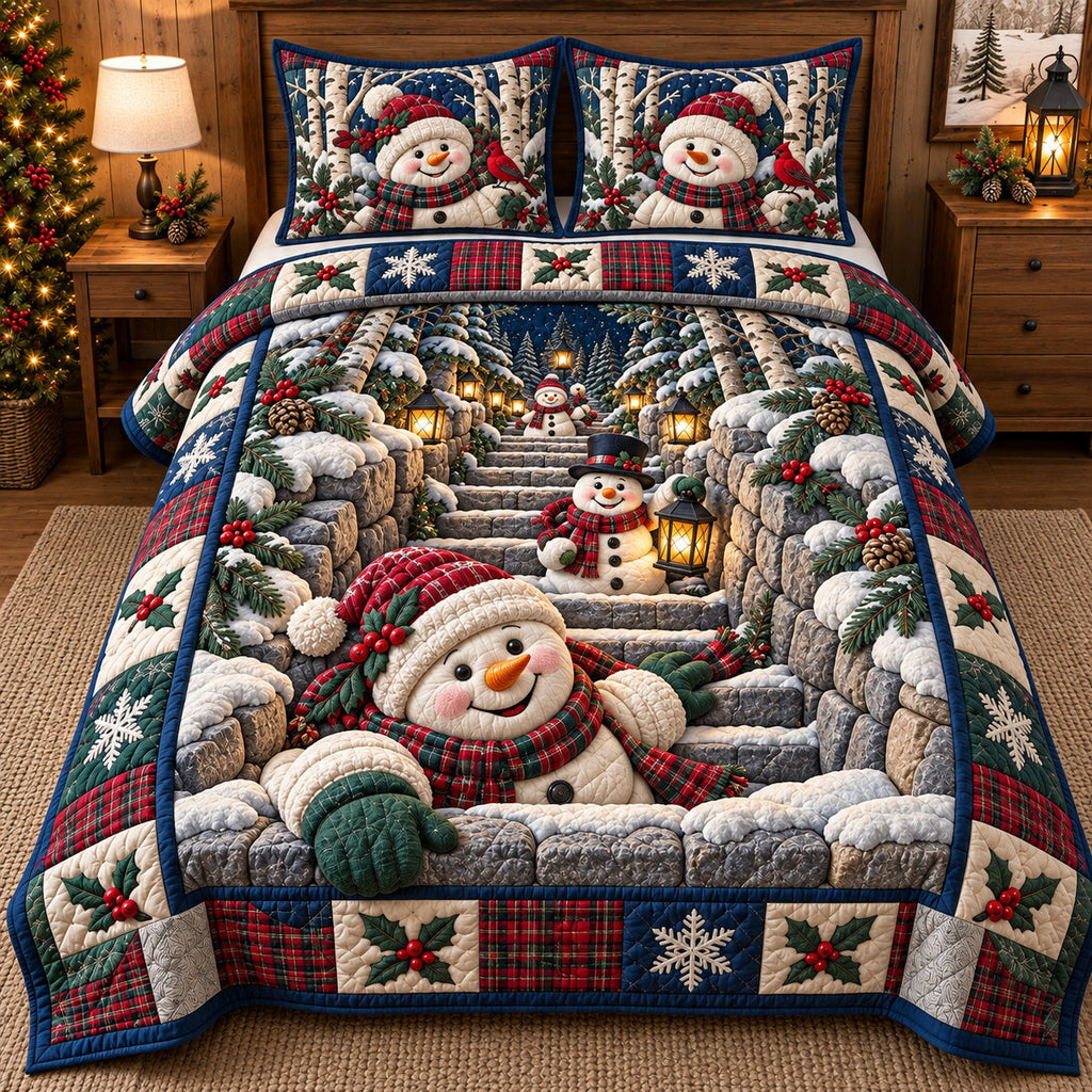 Snowy Steps Smiling Snowmen Quilted Bedding Set