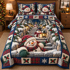 Snowy Steps Smiling Snowmen Quilted Bedding Set