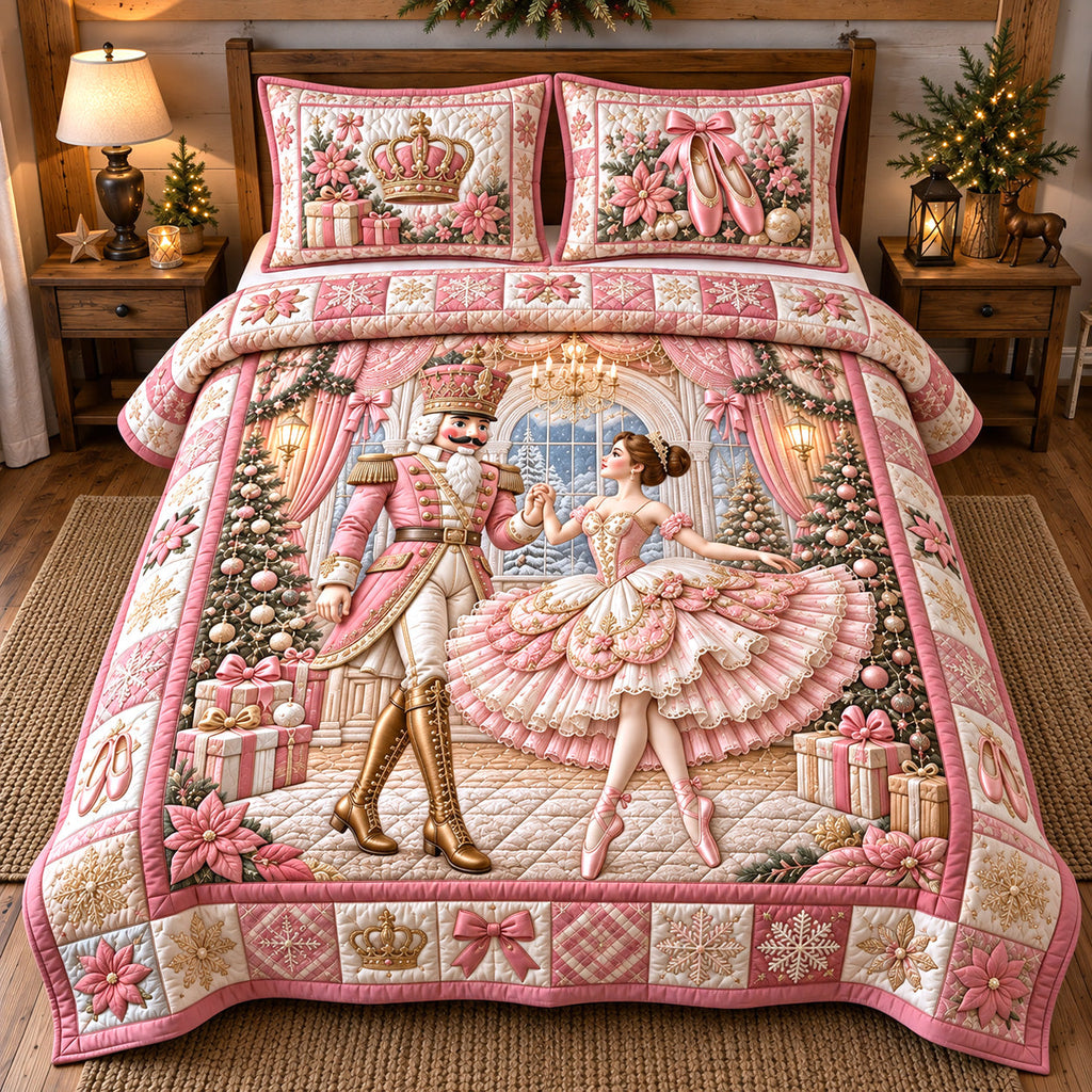Pastel Pink Nutcracker Ballerina Quilted Bedding Set
