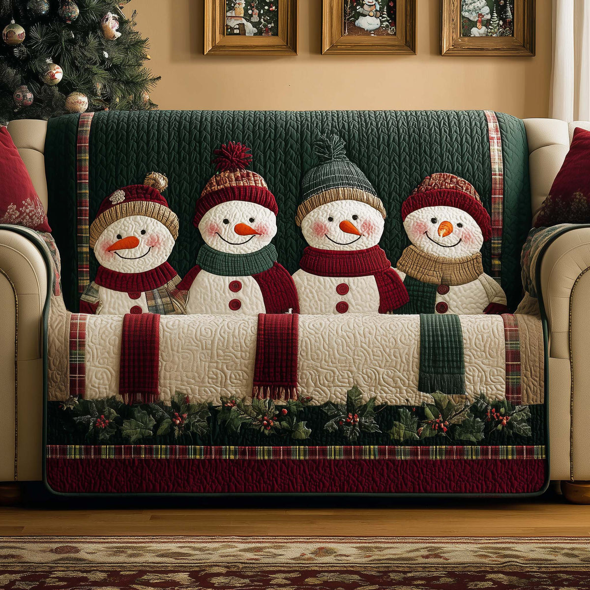 Merry Cheerful Snowman Quilted Sofa Cover