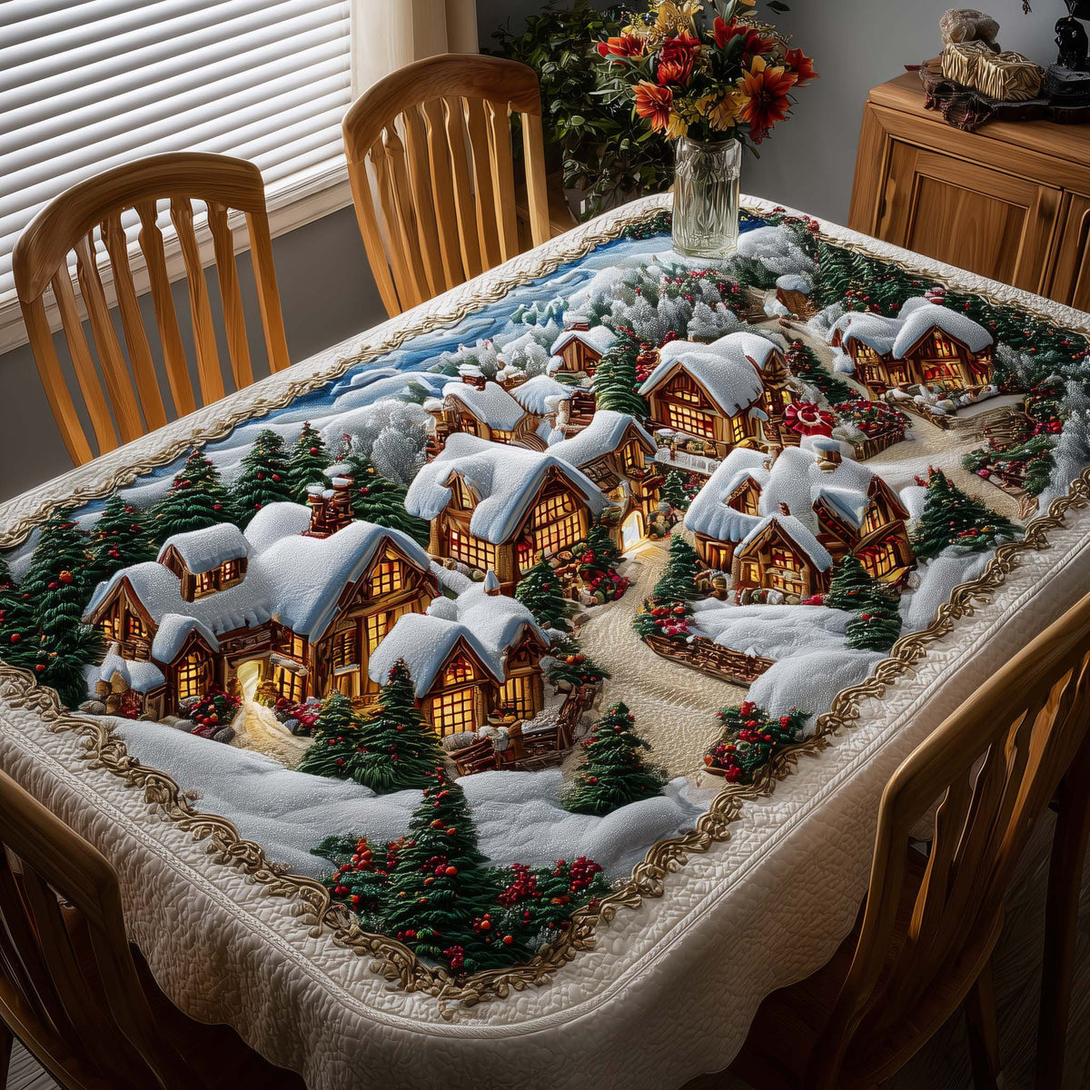 Festive Pines Holiday Village Tablecloth