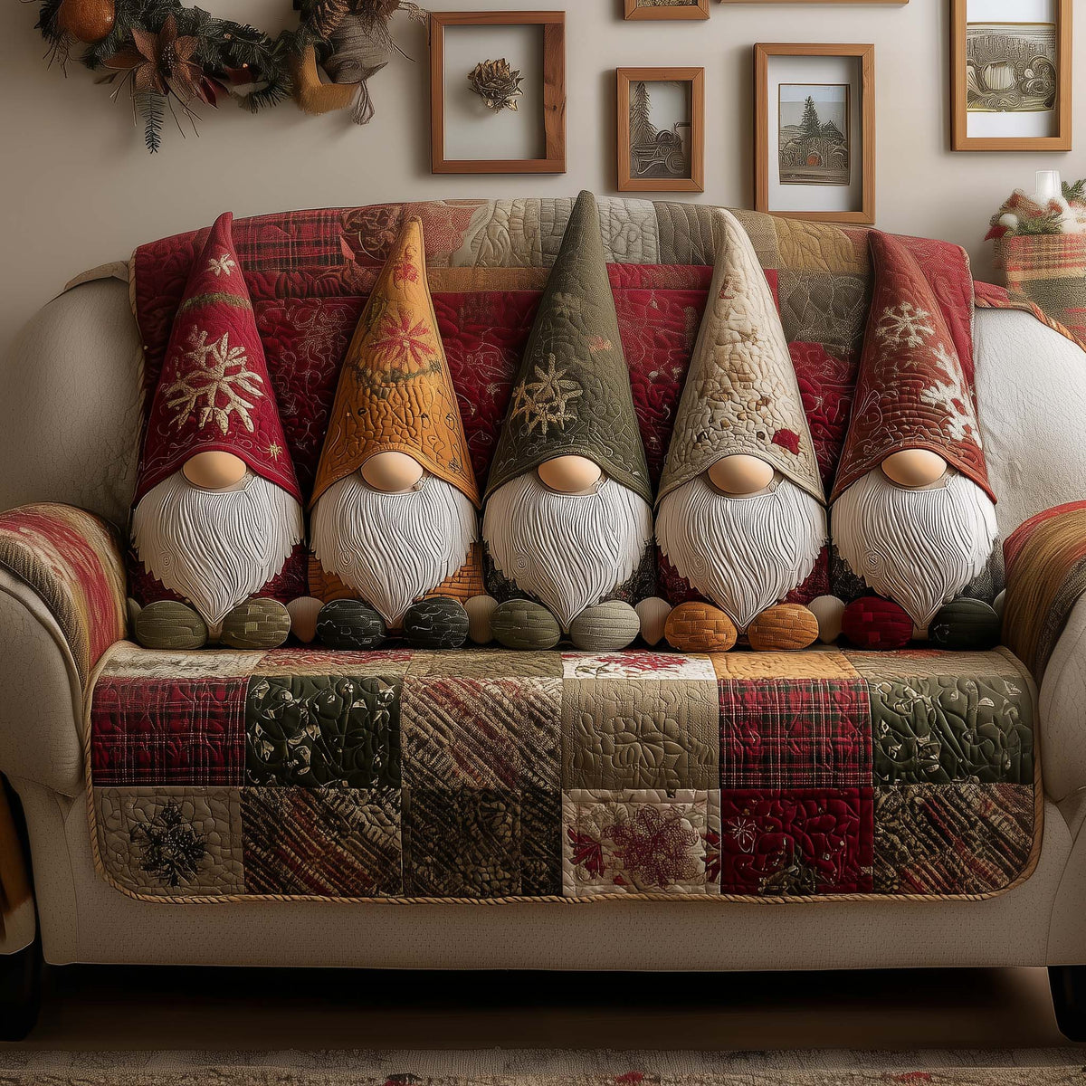 Cheerful Gnome Quilted Sofa Cover