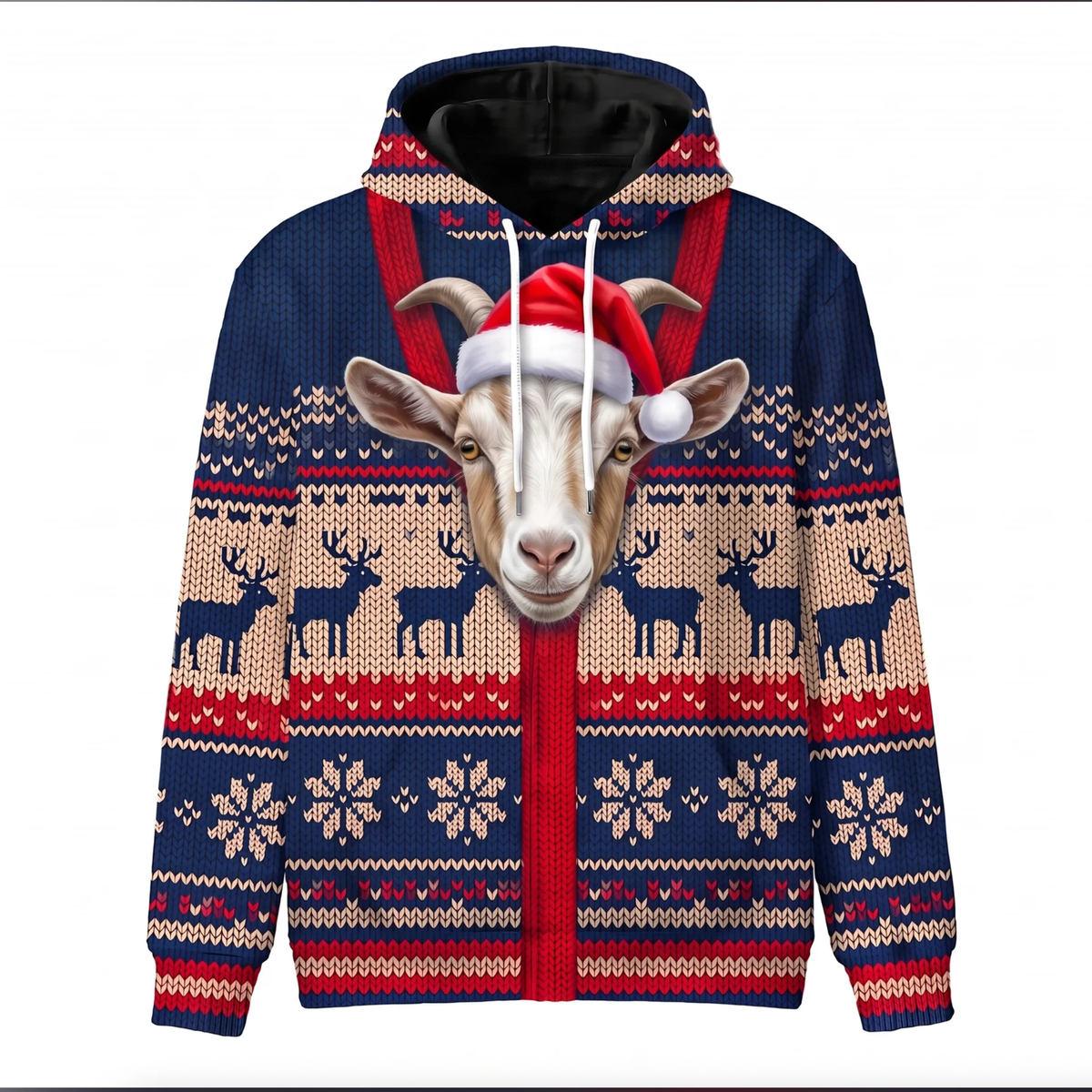 Goat Christmas Hoodie - Funny Santa Goat Faux Knit Print Farm Animal Christmas
