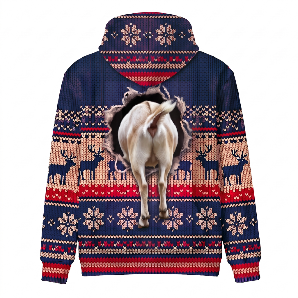 Goat Christmas Hoodie - Funny Santa Goat Faux Knit Print Farm Animal Christmas