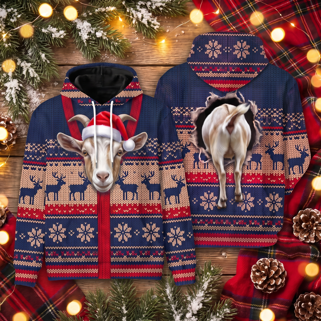 Goat Christmas Hoodie - Funny Santa Goat Faux Knit Print Farm Animal Christmas