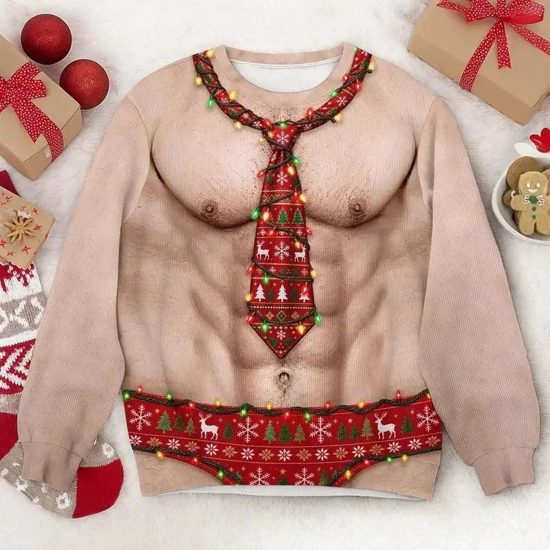 Hairy Chest Santa Funny Adult Crewneck Ugly Christmas Sweater