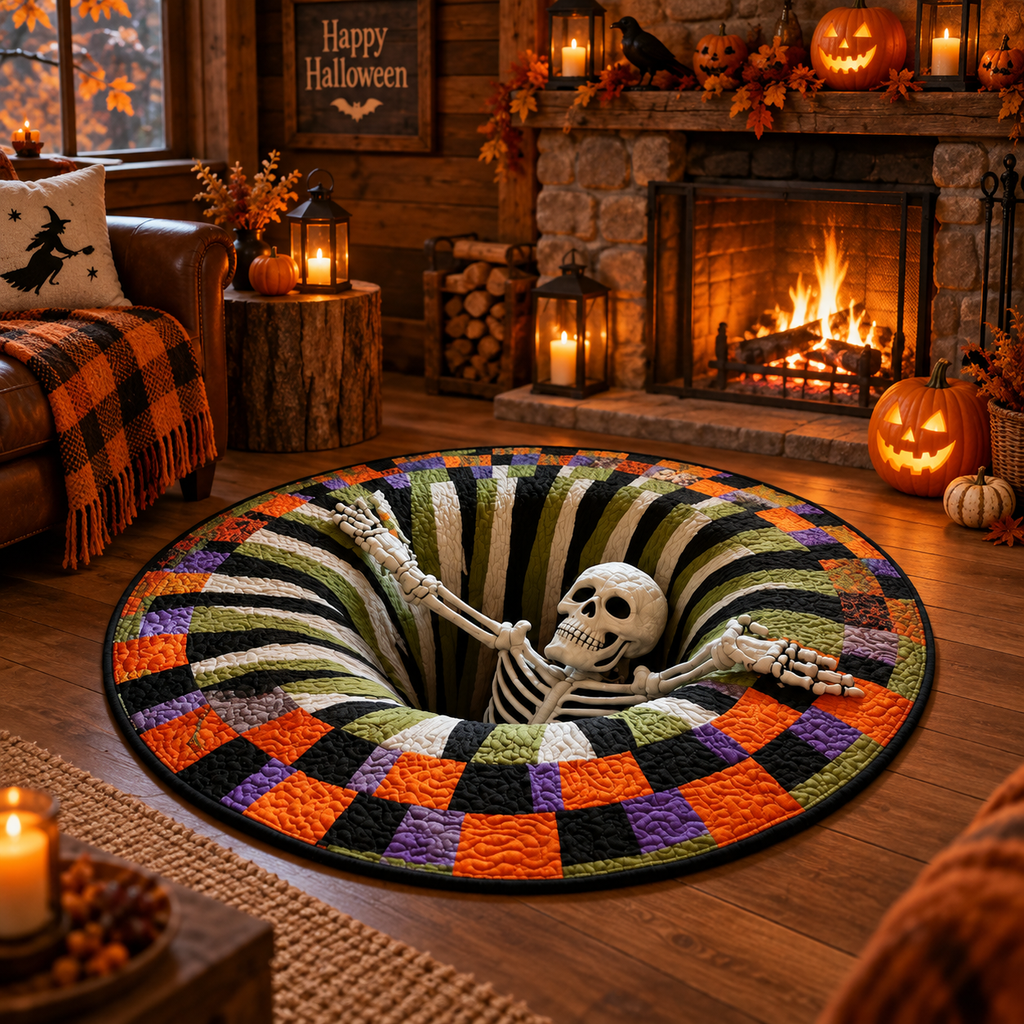Creepy 3D Spider & Skeleton Halloween Rug – Soft Velvet Round Mat