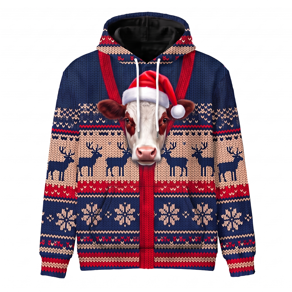 Hereford Cow Christmas Hoodie - Funny Santa Cow Faux Knit Print Farm Animal Christmas
