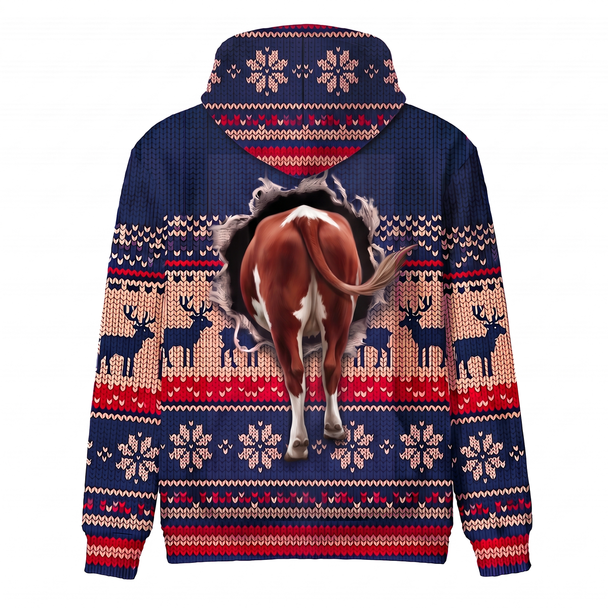 Hereford Cow Christmas Hoodie - Funny Santa Cow Faux Knit Print Farm Animal Christmas
