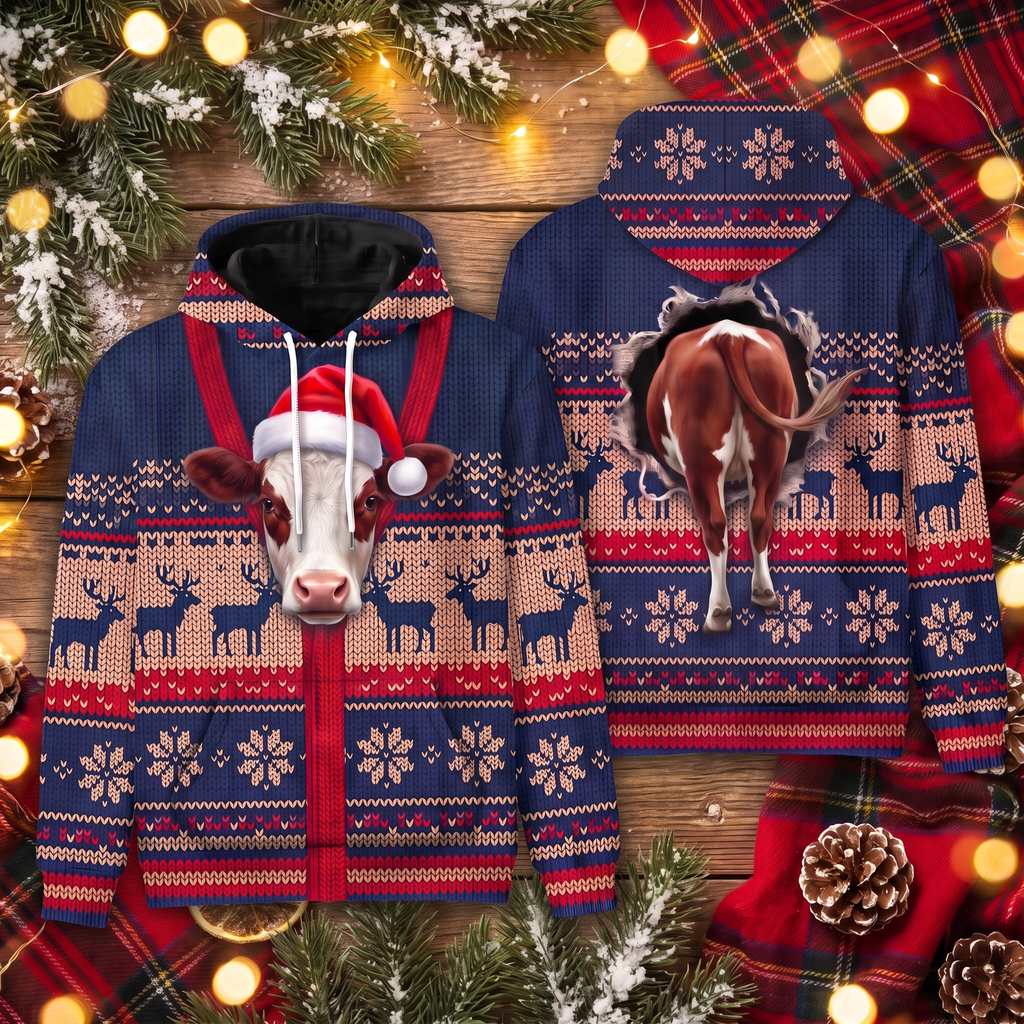 Hereford Cow Christmas Hoodie - Funny Santa Cow Faux Knit Print Farm Animal Christmas