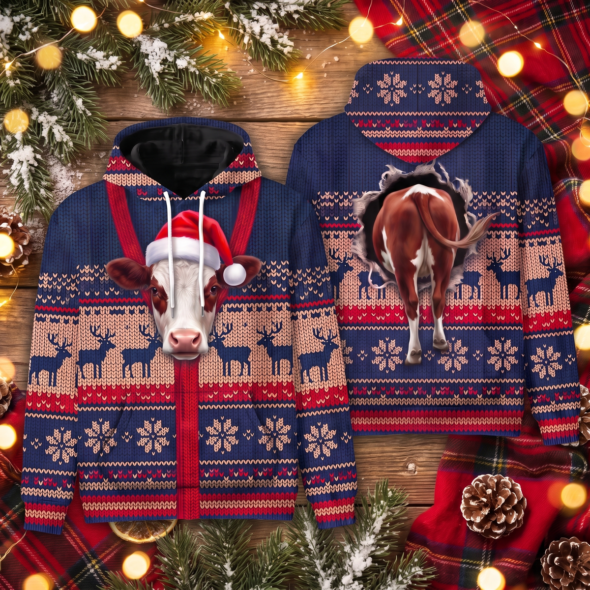 Hereford Cow Christmas Hoodie - Funny Santa Cow Faux Knit Print Farm Animal Christmas