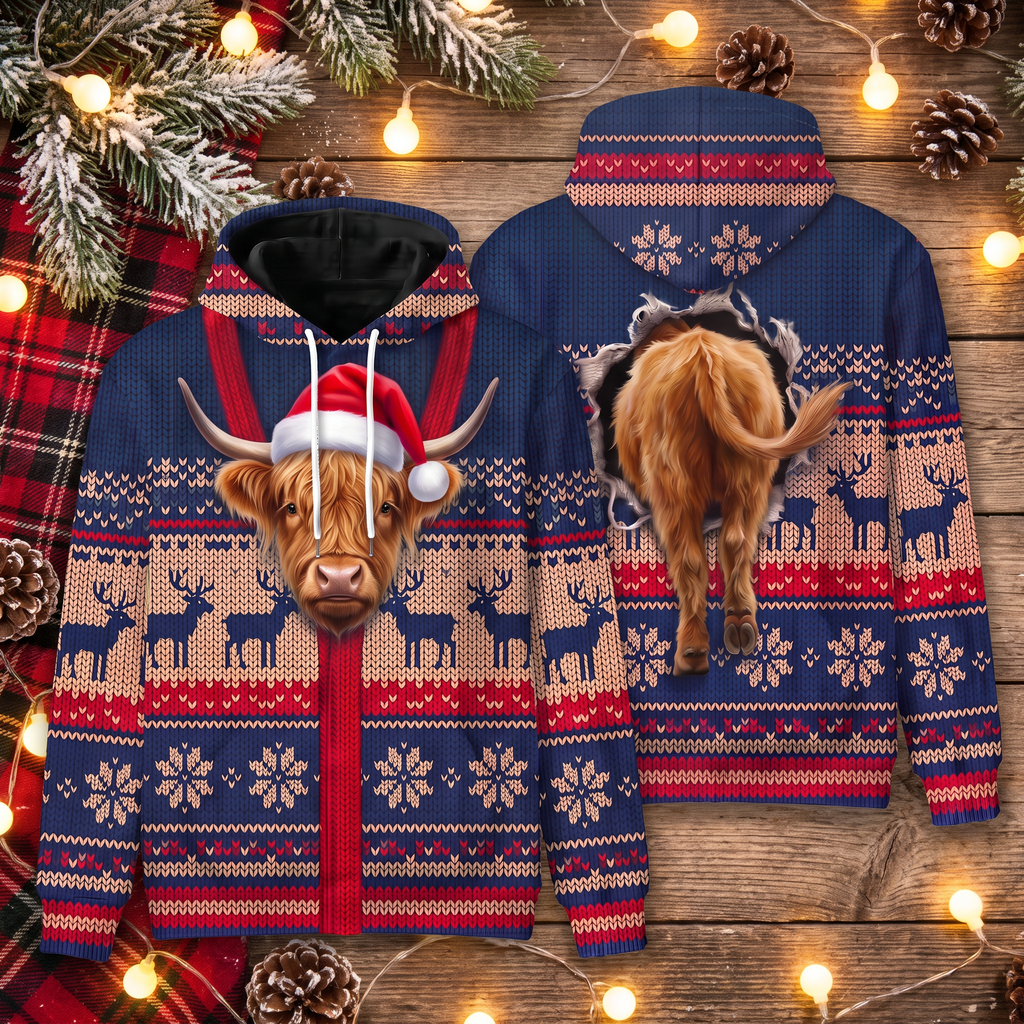 Highland Cow Christmas Hoodie - Farm Animal Christmas Gift