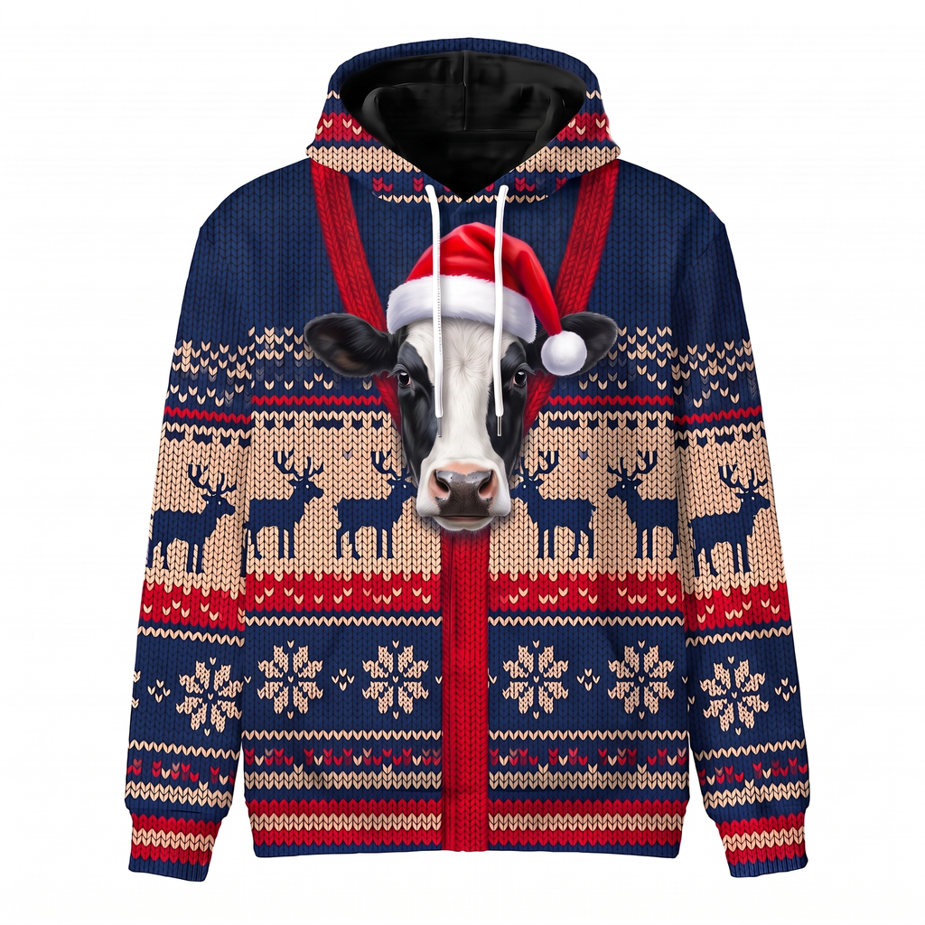 Holstein Cow Christmas Hoodie - Funny Santa Cow Faux Knit Print Farm Animal Christmas