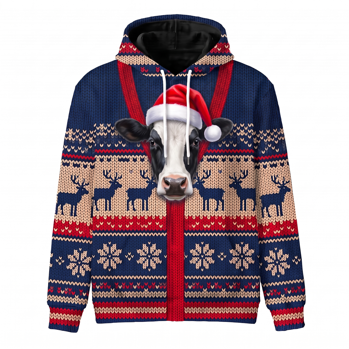 Holstein Cow Christmas Hoodie - Funny Santa Cow Faux Knit Print Farm Animal Christmas