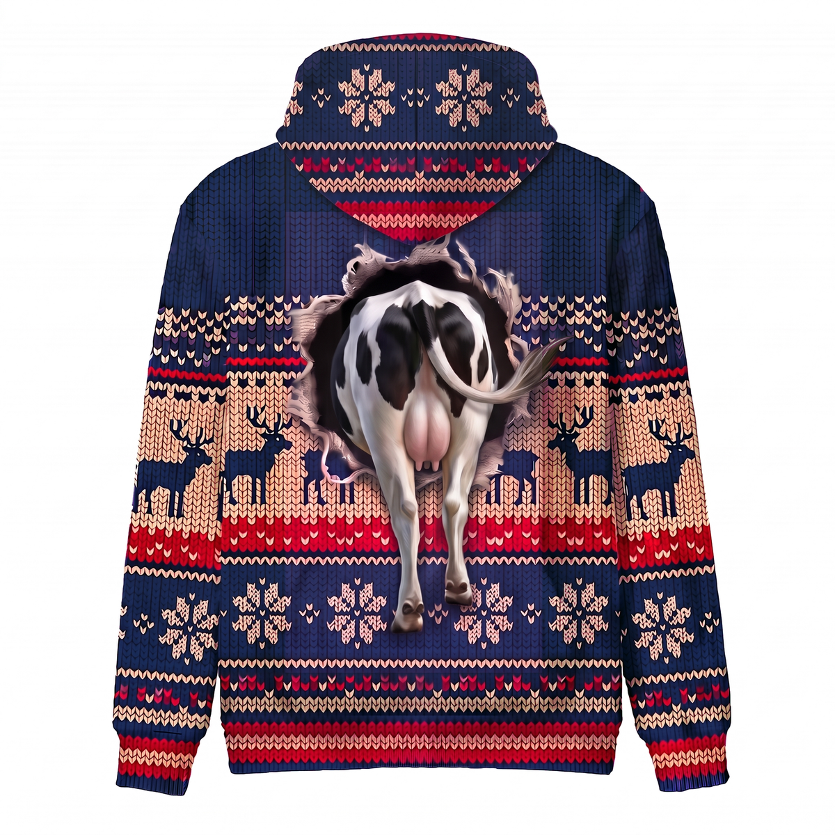 Holstein Cow Christmas Hoodie - Funny Santa Cow Faux Knit Print Farm Animal Christmas