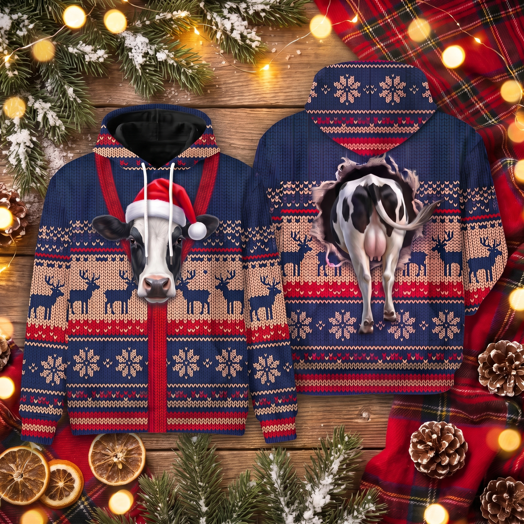 Holstein Cow Christmas Hoodie - Funny Santa Cow Faux Knit Print Farm Animal Christmas