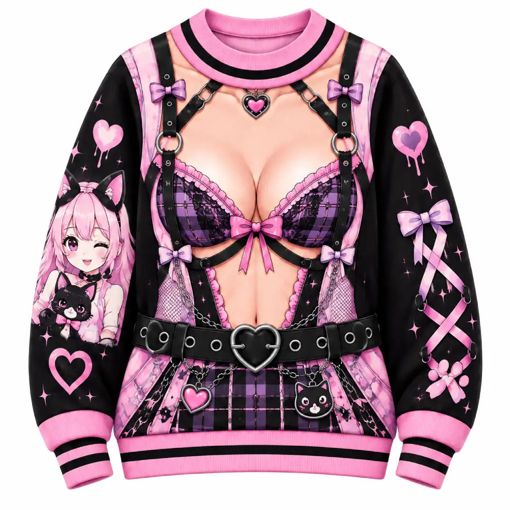 Kawaii Gothic Christmas Funny Anime Pink & Purple Printed Christmas Sweater