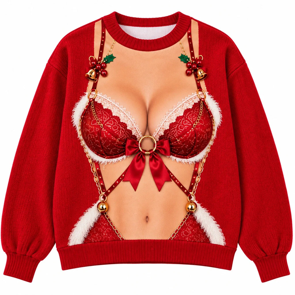 Lace Graphic & Gold Details Christmas Illusion Knit Sweater