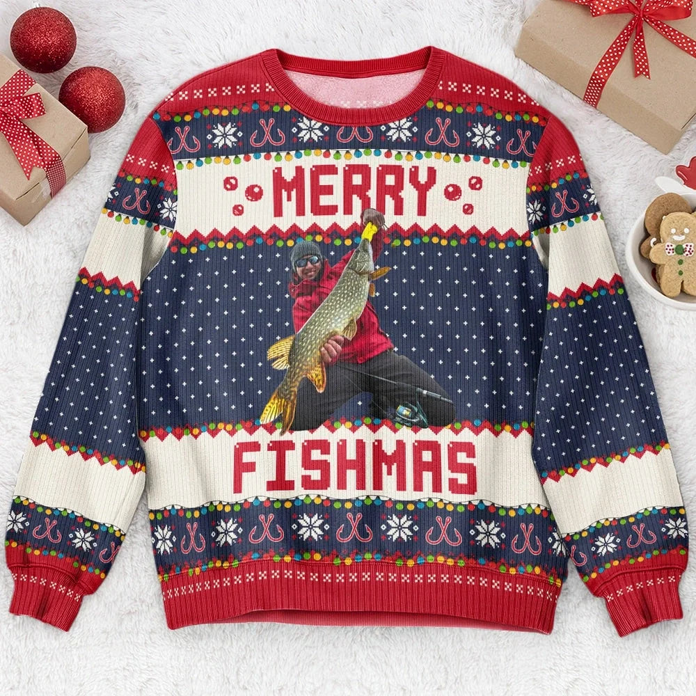Merry Fishmas Gift For Fishing Lovers Personalized Photo Ugly Sweater