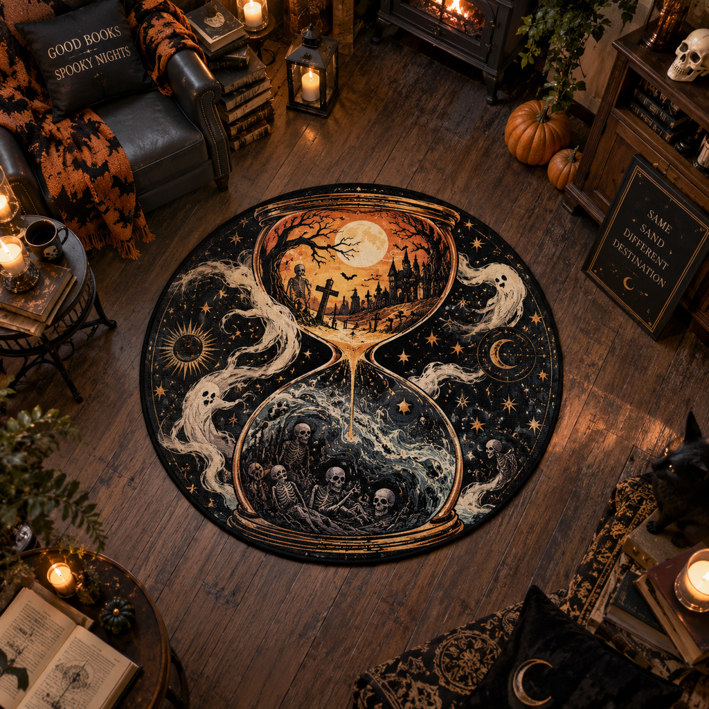 Surreal Hourglass & Split Dimension Round Rug – Dark Fantasy Velvet Mat