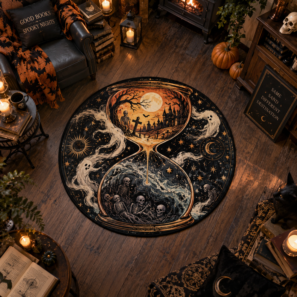 Surreal Hourglass & Split Dimension Round Rug – Dark Fantasy Velvet Mat