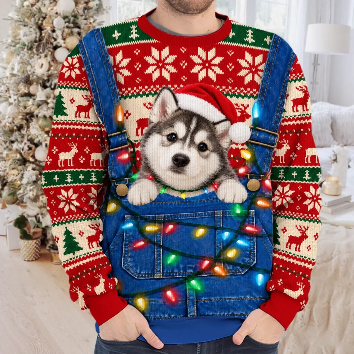 Pet Photo Christmas Funny Holiday Overalls Pet Sweater