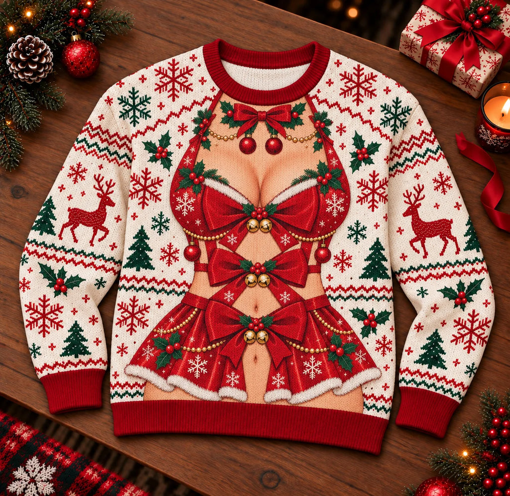 Plaid Bustier Bow Print Ugly Christmas Sweater