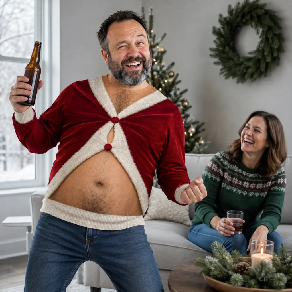 Santa Beer Belly Too Much Holiday Cheer Funny Ugly Christmas Sweater