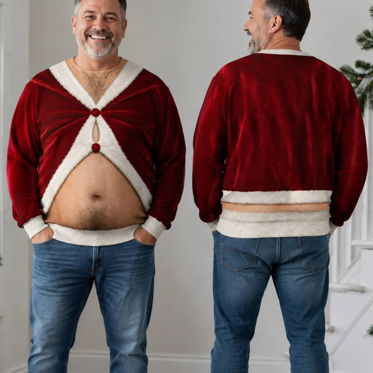 Santa Beer Belly Too Much Holiday Cheer Funny Ugly Christmas Sweater