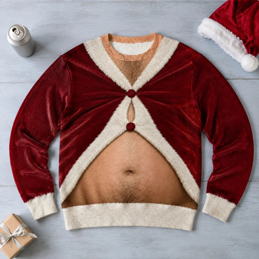 Santa Beer Belly Too Much Holiday Cheer Funny Ugly Christmas Sweater