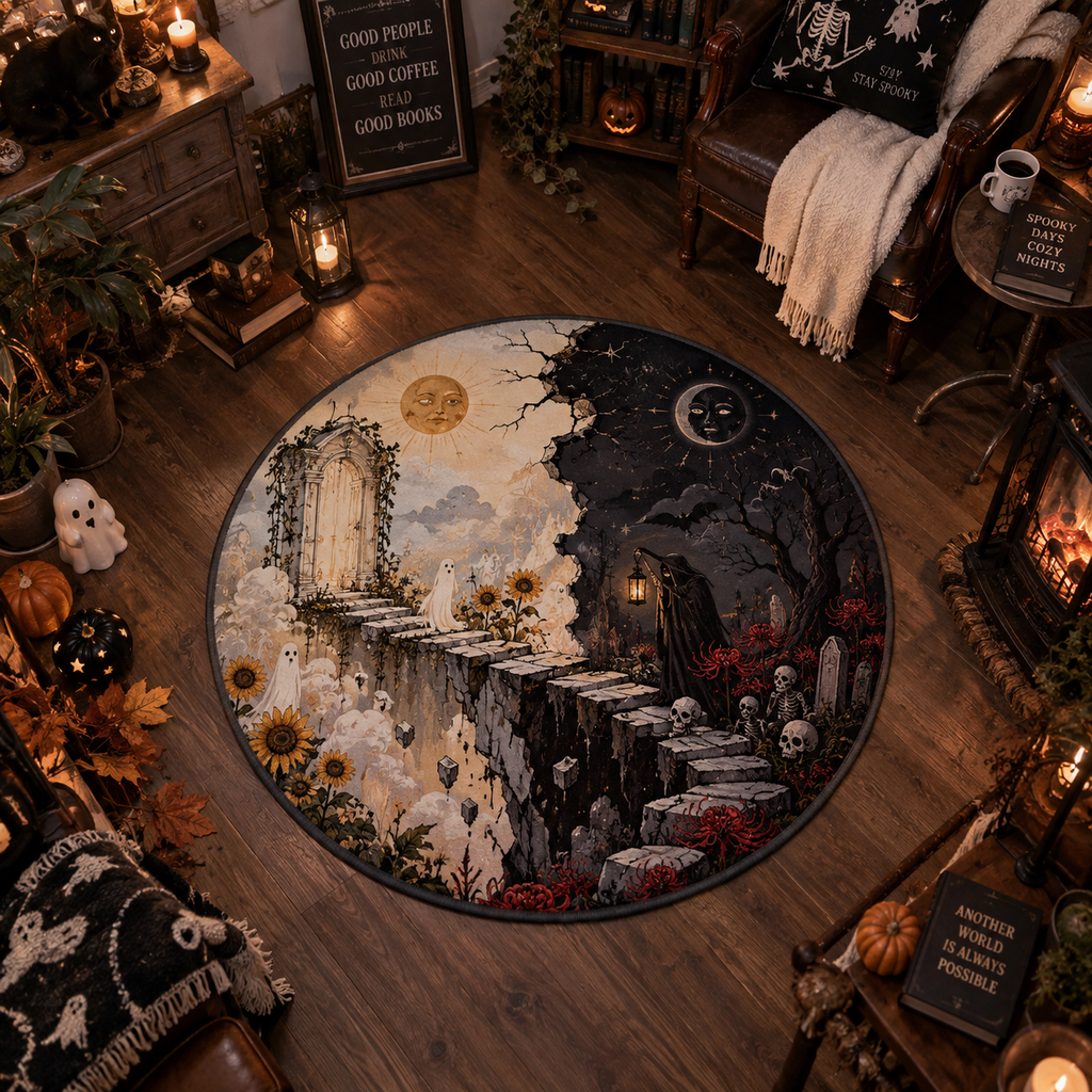 Surreal Hourglass & Split Dimension Round Rug – Dark Fantasy Velvet Mat