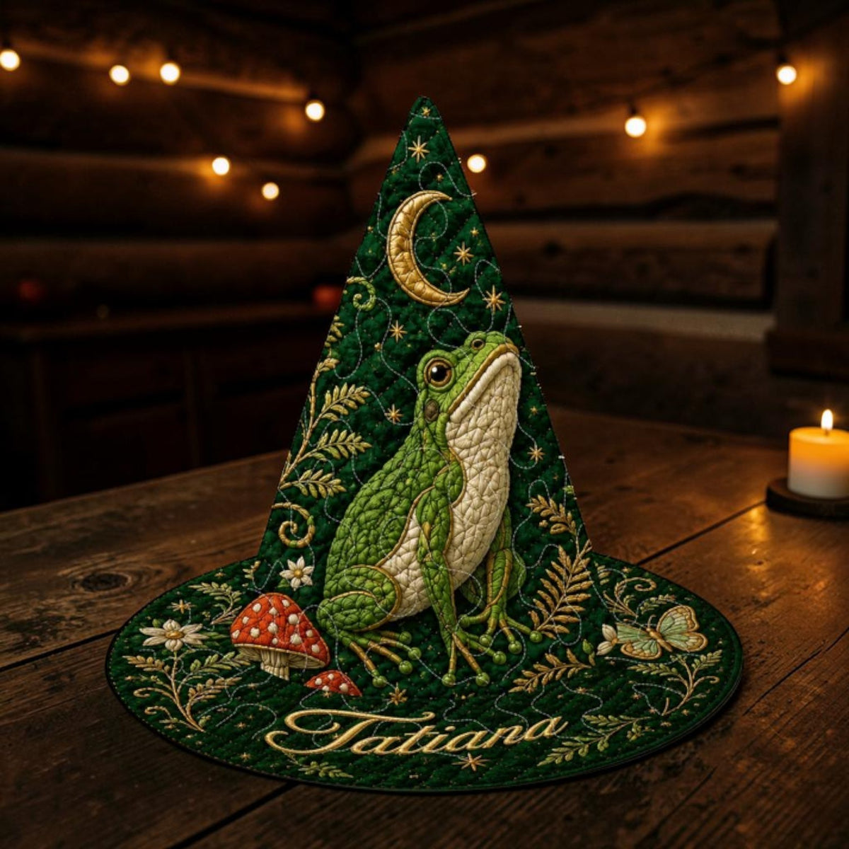 Personalized Green Witch Hat with Forest Frog and Moss