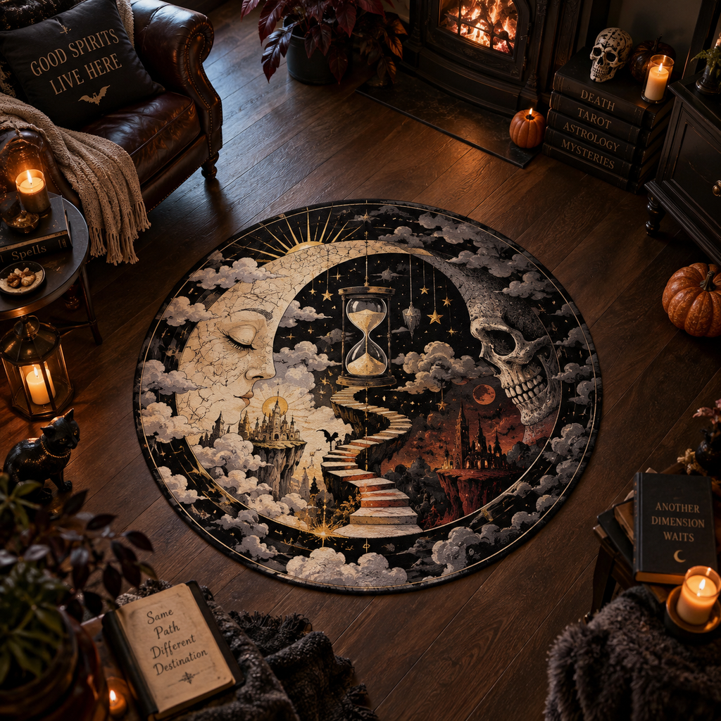 Surreal Hourglass & Split Dimension Round Rug – Dark Fantasy Velvet Mat