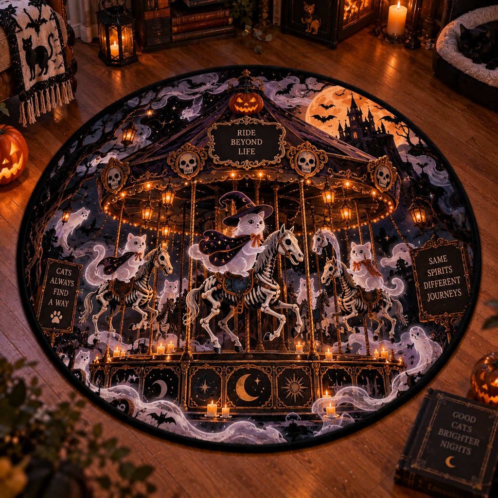 Whimsical Ghost Cat & Spectral Train 3D Halloween Round Rug