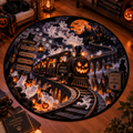 Whimsical Ghost Cat & Spectral Train 3D Halloween Round Rug